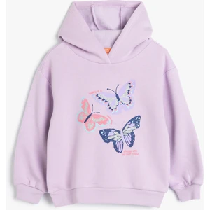 Kapşonlu Sweatshirt Kelebek Baskılı Uzun Kollu Şardonlu
