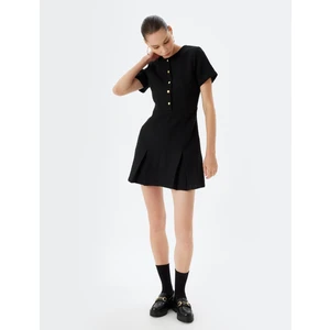 Tüvit Elbise Mini Düğme Detaylı Pileli Kısa Kollu Slim Fit