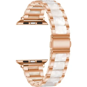 Apple Watch Seri SE/10/9/8/7/6/5/4/3 ile Uyumlu 46MM-45MM-44MM-42MM Seramik Reçine Metal Kordon Rose Gold Beyaz