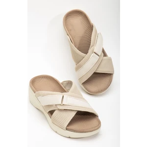 Keten Malzeme Faylon Bej Kadın Dolgu Taban Terlik