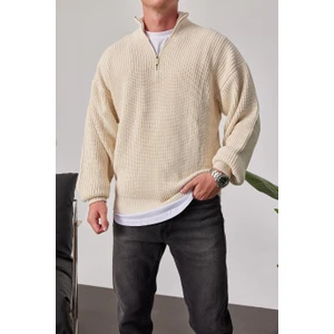 Yakası Fermuarlı Krem Örme Triko