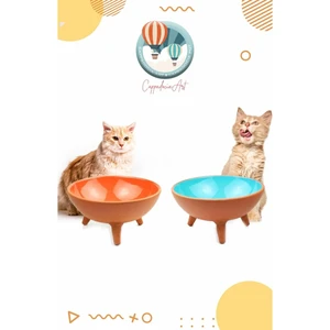 Cappadocia Pottery 2'li Ayaklı Kedi Köpek Çömlek Mama ve Su Kabı (Içi Sırlı, Organik)