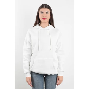 Kadın Kapüşonlu Oversize Sweatshirt Üç İplik Kanguru Cepli Beyaz Hoodie - 2502