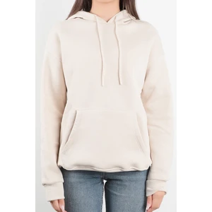 Kadın Kapüşonlu Oversize Sweatshirt Üç İplik Kanguru Cepli Bej Hoodie - 2502