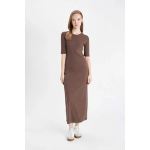 Bodycon Vücuda Oturan Bisiklet Yaka Basic Düz Fitilli Kaşkorse Kısa Kollu Maxi Elbise D8623AX24AU