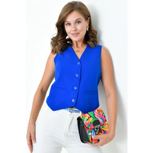 Saks Mavi Bağlamalı V Yaka Yelek