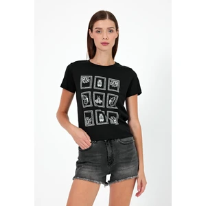 Kadın Butterfly Siyah Baskılı Bisiklet Yaka Regular Fit T-Shirt