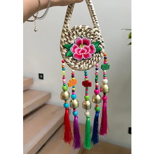 Hasır ve Çiçek Detaylı Renkli ve Zilli Duvar Dekoru/kapı Süsü/ Rüzgar Çanı