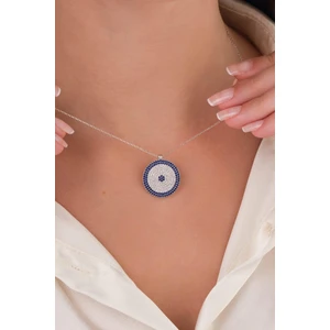 TMT Silver 20 mm Gümüş Mavi Lacivert Zirkon Taşlı Göz Nazar Boncuğu Boncuklu Kolye