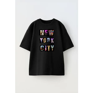 Nmg Tekstil Siyah Oversize Pamuk Newyork City Yazı Baskılı Örme T-Shirt