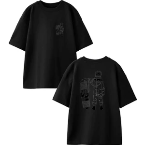 Nmg Tekstil Siyah Oversize Pamuk Kaykaycı Genç Anime Ön Arka Baskılı Örme T-Shirt