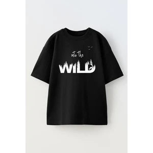 Nmg Tekstil Siyah Oversize Pamuk Into Wild Baskılı Örme T-Shirt