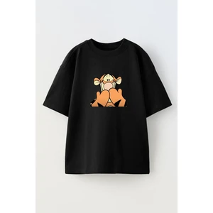 Nmg Tekstil Siyah Oversize Pamuk Ayı Yogi Kaplan Baskılı Örme T-Shirt