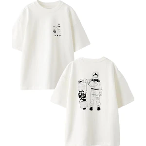 Nmg Tekstil Beyaz Oversize Pamuk Kaykaycı Genç Anime Ön Arka Baskılı Örme T-Shirt