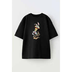 Nmg Tekstil Siyah Oversize Pamuk Bugs Bunny Düşünce Baskılı Örme T-Shirt