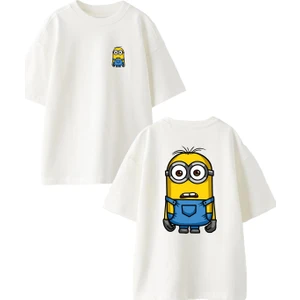 Nmg Tekstil Beyaz Oversize Pamuk Şaşkın Minyon Işçi Ön Arka Baskılı Örme T-Shirt