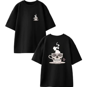 Nmg Tekstil Siyah Oversize Pamuk Kurukafa Fincan Ön Arka Baskılı Örme T-Shirt