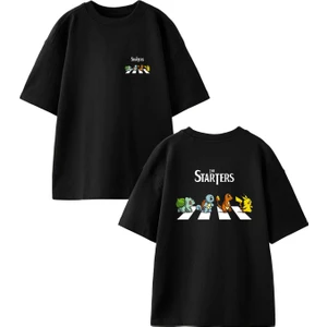 Nmg Tekstil Siyah Oversize Pamuk Starter Pokemon Ön Arka Baskılı Örme T-Shirt