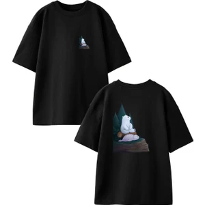 Nmg Tekstil Siyah Oversize Pamuk Fok Balığı Kutup Ayısı Ön Arka Baskılı Örme T-Shirt