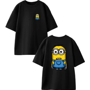 Nmg Tekstil Siyah Oversize Pamuk Şaşkın Minyon Işçi Ön Arka Baskılı Örme T-Shirt