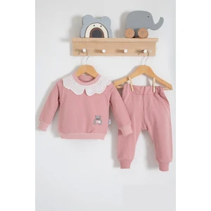 3-6-9-12-18 Ay Kız Bebek Takımı Dantel Yakalı Pamuklu 2'li Pembe