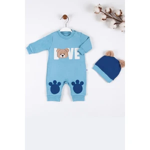 3-6-9 Ay Erkek Bebek Tulumu Love Bear Nakışlı %100 Pamuk Mavi