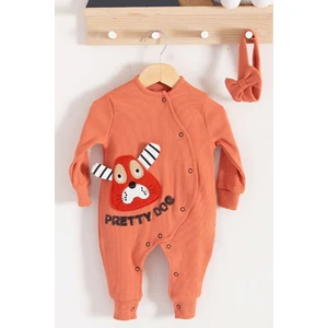 3-6-9-12-18 Ay Kız Bebek Tulumu Pretty Dog Nakışlı Bandanalı %100 Pamuk Kiremit