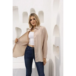 Nacar Çarşı Kadın Düz Renk Keten Rahat Kesim Oversize Uzun Basic Gömlek