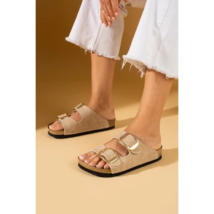 Pembe Potin Rahat Taban Çift Gold Tokalı Kadın Terlik 65-81-24