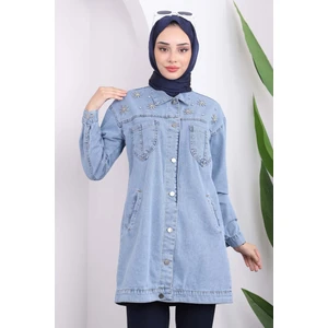 İmaj Butik Mavi Cepli Taş Detaylı Kadın Kot Ceket Dokuma Kumaşla Şık Tasarım