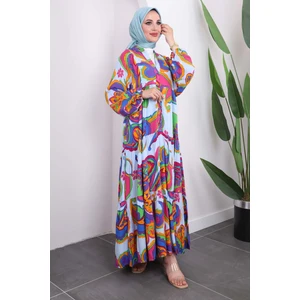 Mor Yarım Düğmeli Eteği Katlı Viscon Elbise