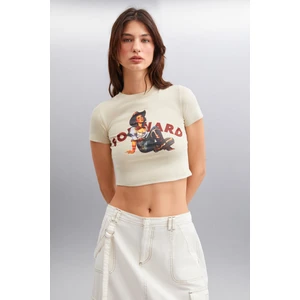Ice Kadın Crop Baskı Detaylı Bisiklet Yaka Kısa Kollu Örme Gri T-shirt