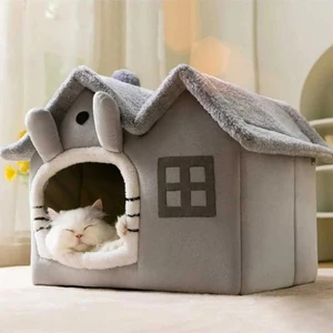 Tineke  Kedi Evi Yumuşak Kedi Yatağı Derin Uyku ve Kış Evi Çıkarılabilir Minder -Villa (Gri) 1 Adet