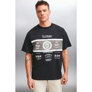Gio Erkek Pamuk kısa Kollu Bisiklet Yaka Önü Baskılı Oversize Siyah T-Shirt