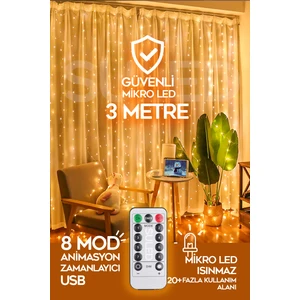 Perde LED 3x3 Metre Kumandalı 8 Mod Ambiyans Ayarlabilir Boy Dekor Mikro LED Işık