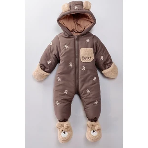 Podium Giyim Yeni Trend Bebek Sevimli Ayı Figürlü Kışlık Kürklü Patik-Eldivenli Kapüşonlu Kozmonot-Astronot Tulum