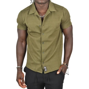 Kabartma Nokta Desenli Slim Fit Likralı Kısa Kollu Penye Gömlek 2403223