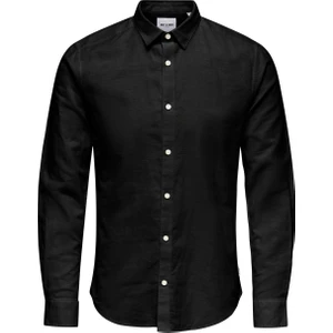 Only & Sons Normal Siyah Desenli Erkek Gömlek Onscaıden Ls Solıd Lınen Shırt Noos