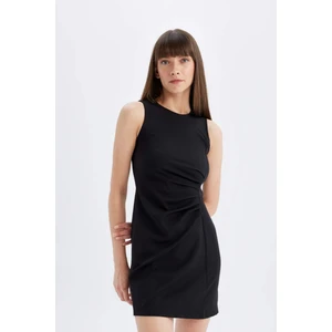 Bodycon Vücuda Oturan Bisiklet Yaka Drapeli Basic Düz Kolsuz Mini Siyah Elbise D3065AX24AU