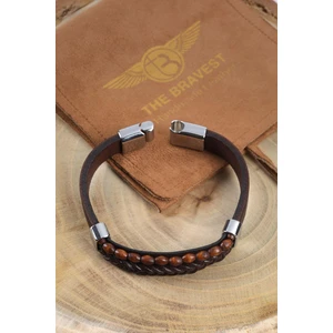 Mr. Hero Mrhero Erkek Orta Boncuk Deri Örgü Parçalı El Yapımı Hakiki Deri Bileklik MH026 Kahverengi