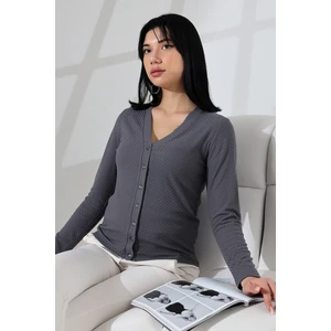 Korent Kadın Soft Touch Penye Düğmeli Kare Jakarlı Uzun Kollu Hırka - Füme