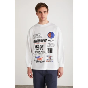 Ben Erkek Pamuklu Baskı Detaylı Uzun Kollu Oversize Beyaz T-Shirt