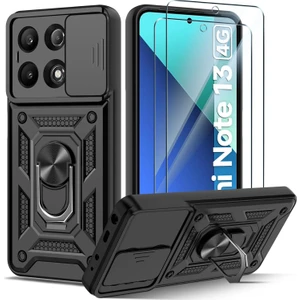 M.TK Moveteck Xiaomi Redmi Note 13 4g Kılıf Kamera Korumalı Sürgülü Yüzüklü Armor Military Zırh Tank Yüzüklü Standlı + 9h Cam Seti