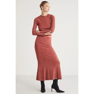 Cateline Kadın Slim Fit Beli Lastikli Vucudu Saran Midi Kiremit Rengi Etek