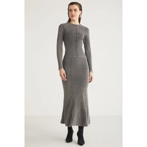 Cateline Kadın Slim Fit Beli Lastikli Vucudu Saran Midi Gri Etek