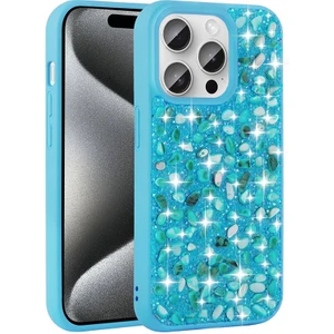 ZORE Apple iPhone 15 Pro Max Kılıf Parlak Taşlı Tasarım Linea Kapak-Mavi Açık