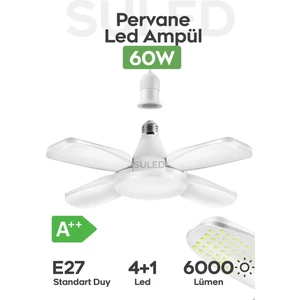 Pervane LED Ampül 60W 6000 Lümen Süper Güçlü E27 Lamba A++ Beyaz Işık 4+1