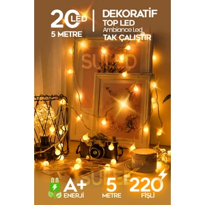 Gün Işığı 5 Metre Top LED 20 LED 220V Fişli Dekoratif Iç ve Dış Mekan Aydınlatma Süsleme Işığı