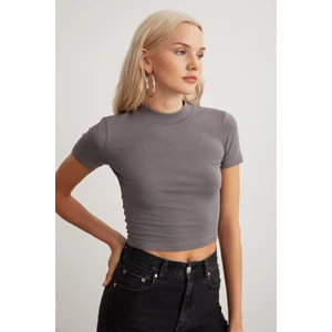Niara Kadın Pamuk Elastan Bisiklet Yaka kısa Kollu Slim Fit Crop Gri T-Shirt