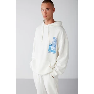 Process Erkek Içi Polarlı Poster Baskılı Kapüşonlu Kordonlu Ekru Sweatshirt